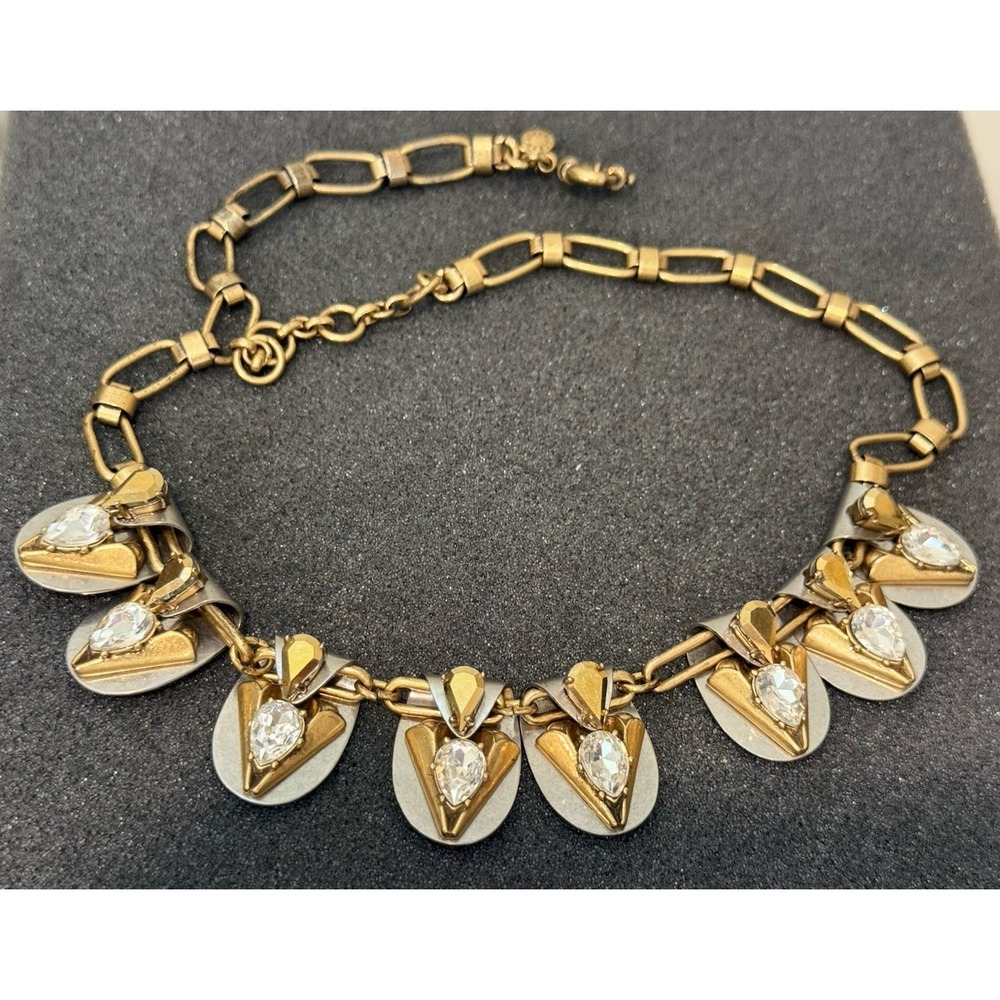 J. CREW - Gold Tone Vintage Creamy Taupe Rhinestone Statement Necklace 16"